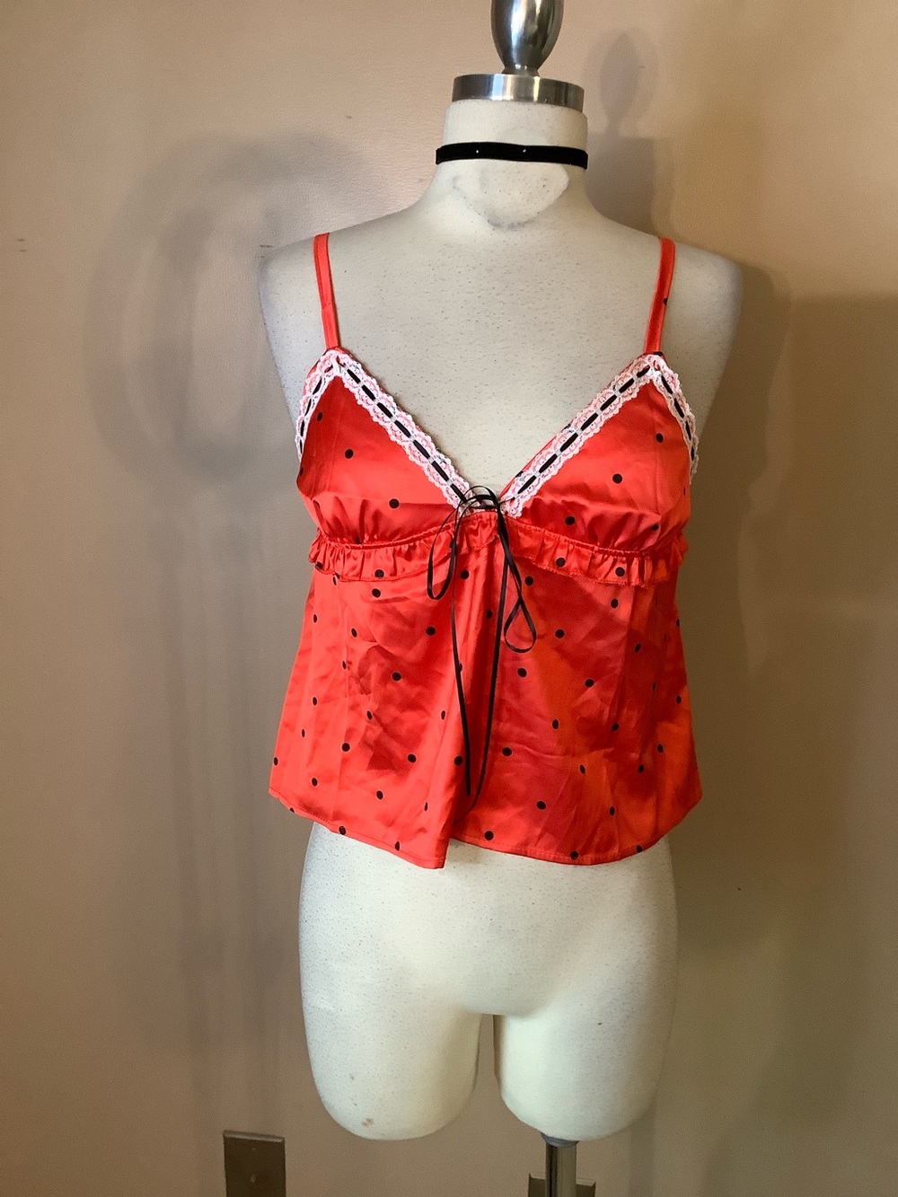 Unbranded Sexy Red & Black Polka Dot Lace Trim Y2K Cami Tank Top Med